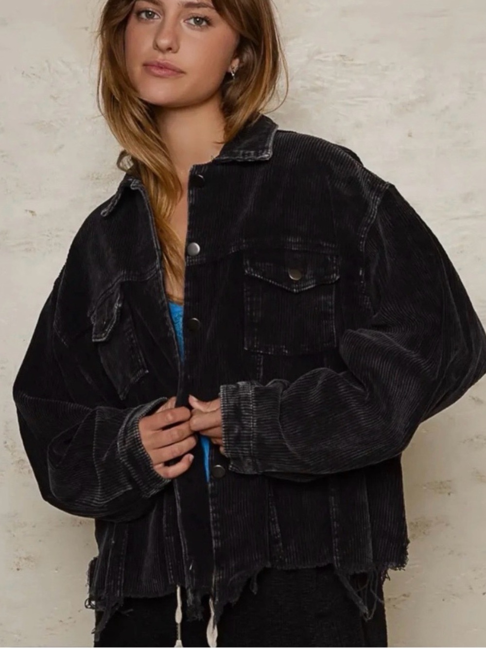 POL Black Corduroy Jean Jacket Fringed Hem Size Small